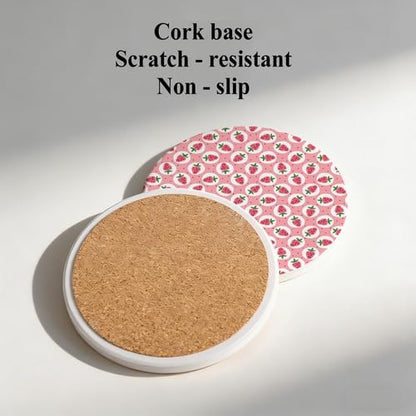 6Pcs Drink Coasters with Metal Holder, 4.1in Ceramic Coasters with Cork Base, Sweet Pink Strawberry Pattern Coaster Set for Suitable Kinds of Cups Coquette Kitchen Dining Table Decor