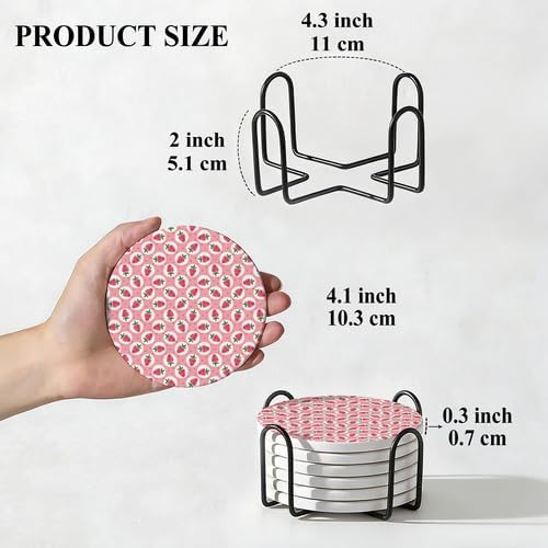 6Pcs Drink Coasters with Metal Holder, 4.1in Ceramic Coasters with Cork Base, Sweet Pink Strawberry Pattern Coaster Set for Suitable Kinds of Cups Coquette Kitchen Dining Table Decor