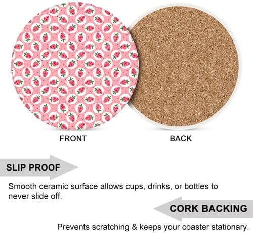 6Pcs Drink Coasters with Metal Holder, 4.1in Ceramic Coasters with Cork Base, Sweet Pink Strawberry Pattern Coaster Set for Suitable Kinds of Cups Coquette Kitchen Dining Table Decor