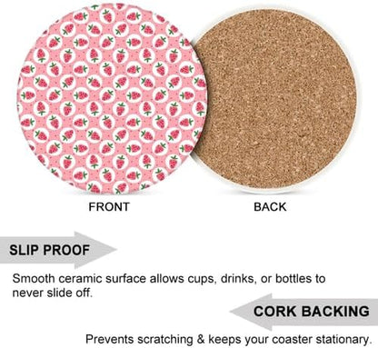 6Pcs Drink Coasters with Metal Holder, 4.1in Ceramic Coasters with Cork Base, Sweet Pink Strawberry Pattern Coaster Set for Suitable Kinds of Cups Coquette Kitchen Dining Table Decor