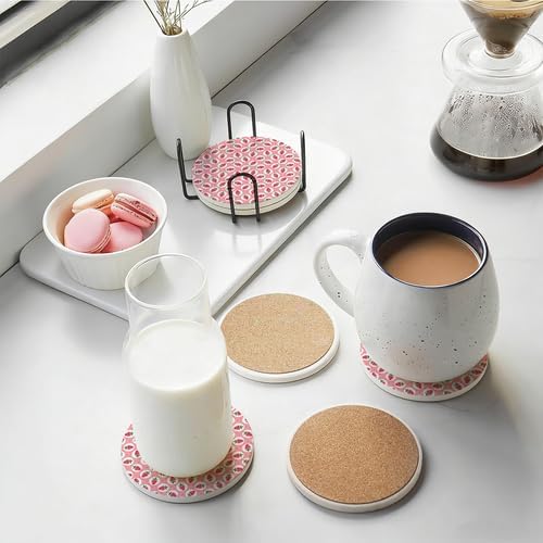 6Pcs Drink Coasters with Metal Holder, 4.1in Ceramic Coasters with Cork Base, Sweet Pink Strawberry Pattern Coaster Set for Suitable Kinds of Cups Coquette Kitchen Dining Table Decor