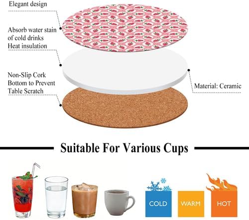 6Pcs Drink Coasters with Metal Holder, 4.1in Ceramic Coasters with Cork Base, Sweet Pink Strawberry Pattern Coaster Set for Suitable Kinds of Cups Coquette Kitchen Dining Table Decor