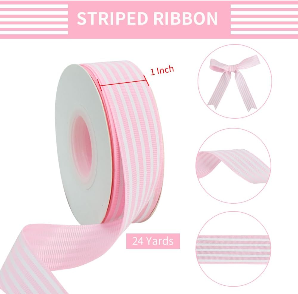 Pink White Striped Ribbon 1 Inch 25 Yards Grosgrain Ribbons Roll for Gift Wrapping Valentines Decoration DIY Floral Bouquet Hair Accessories Crafts Wedding Birthday Party Decoration