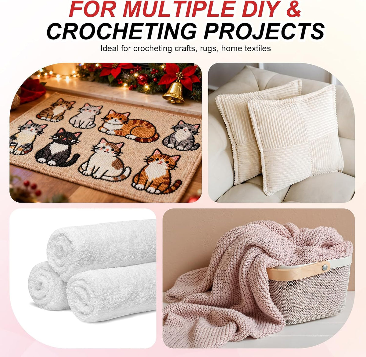 6 Rolls Latch Hook Yarn, 3mm Light Pink Latch Hook Kit Yarn Precut Hook Rugs Making Crochet Bundles for Rug Adults Beginners Tapestry DIY Craft
