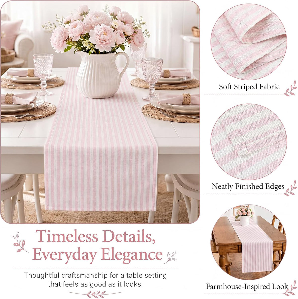 Pink and White Striped Table Runner for Decor, 14 x 60 Inch