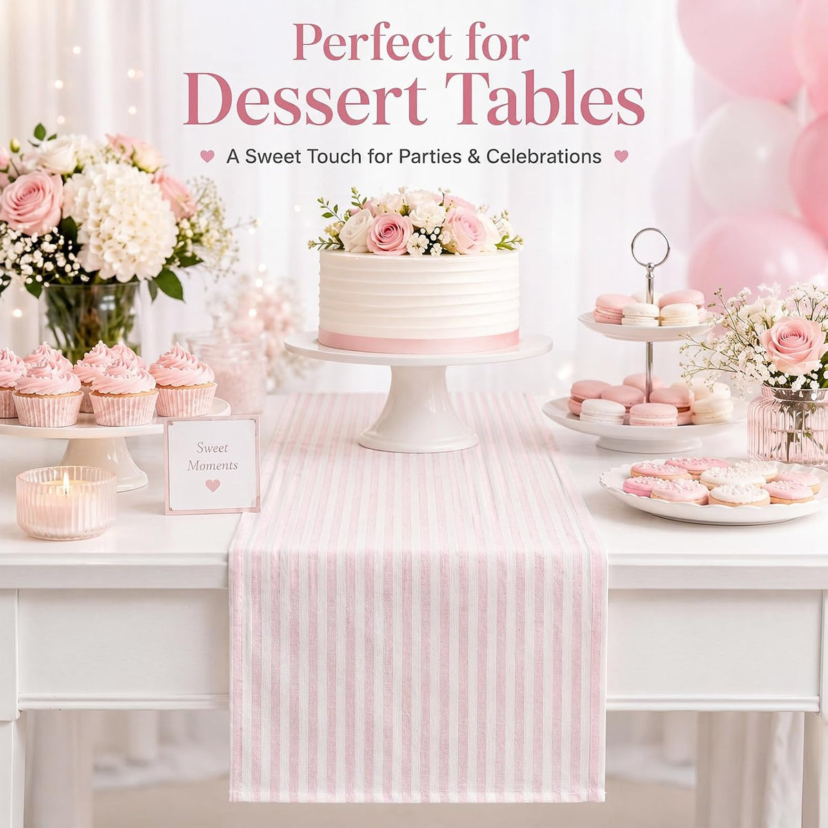 Pink and White Striped Table Runner for Decor, 14 x 60 Inch