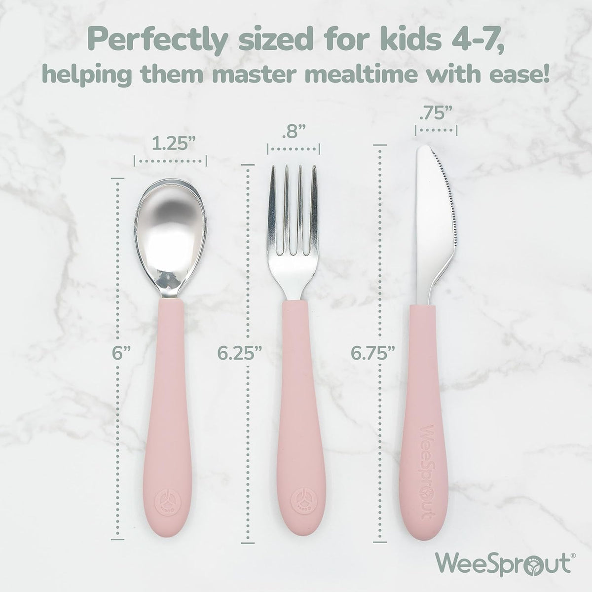 Kids Stainless Steel Utensils Set - Premium 18/8 Grade Silverware Kit - 2 Spoons, 2 Forks, and 2 Knives for Ages 4-7 - Silicone Easy-Grip Handles - Children Flatware Cutlery (Matte - Pink, Off White)