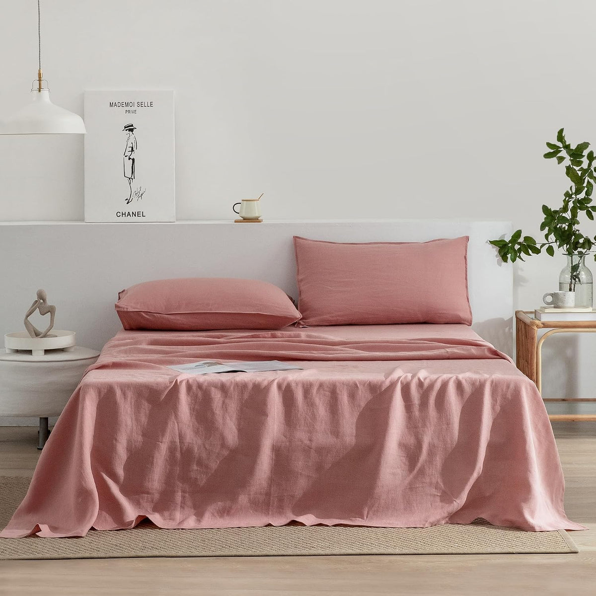 Linen Queen Sheets Set, 100% Stonewashed French Linen Bed Sheets Deep Pocket Sheets, 4 Pieces (1 Flat Sheet, 1 Fitted Sheet, 2 Pillowcases) Natural Flax Bedding Set,Pink