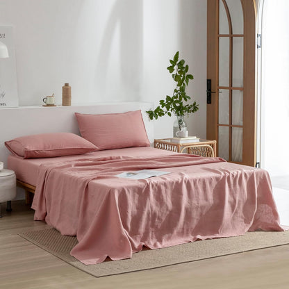 Linen Queen Sheets Set, 100% Stonewashed French Linen Bed Sheets Deep Pocket Sheets, 4 Pieces (1 Flat Sheet, 1 Fitted Sheet, 2 Pillowcases) Natural Flax Bedding Set,Pink