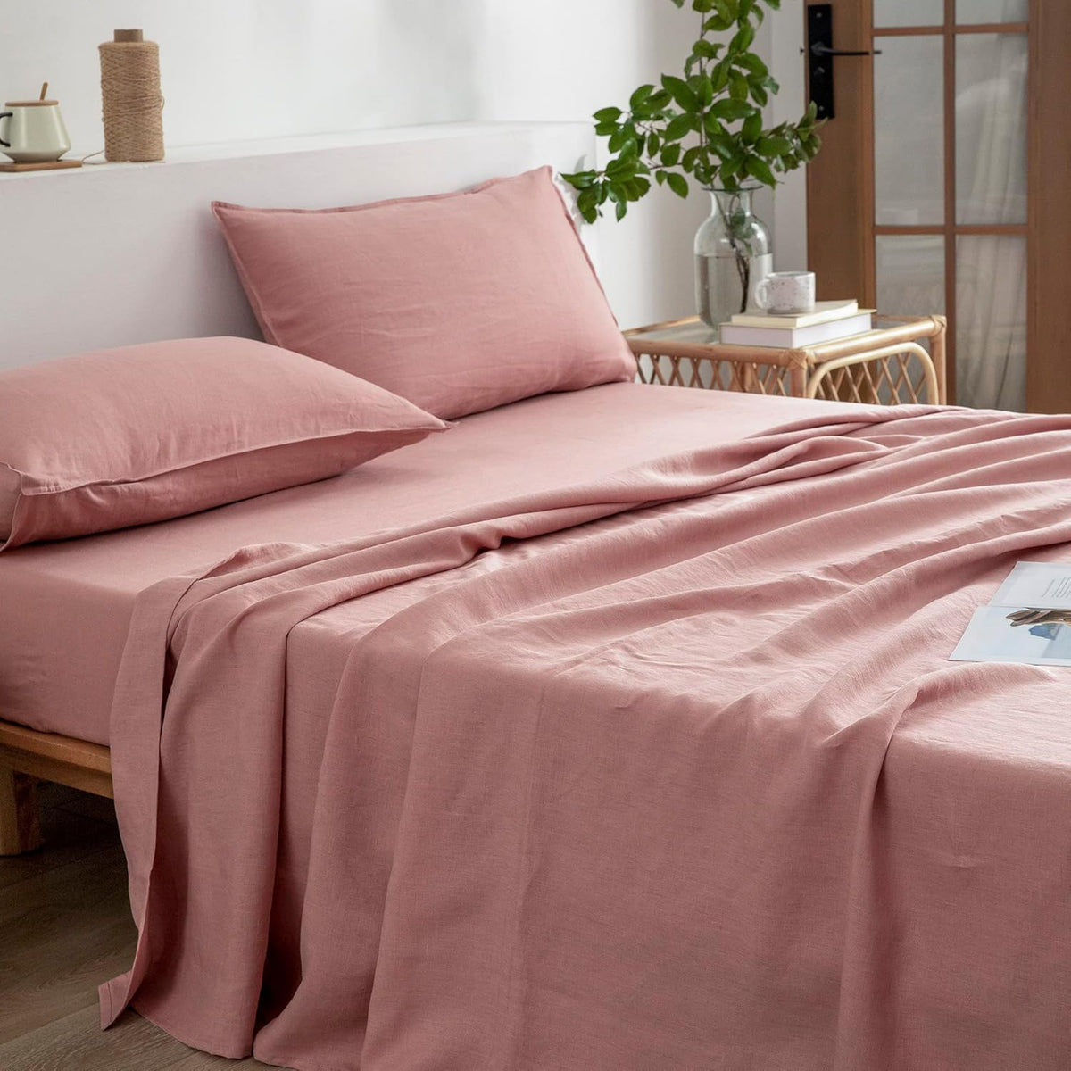 Linen Queen Sheets Set, 100% Stonewashed French Linen Bed Sheets Deep Pocket Sheets, 4 Pieces (1 Flat Sheet, 1 Fitted Sheet, 2 Pillowcases) Natural Flax Bedding Set,Pink
