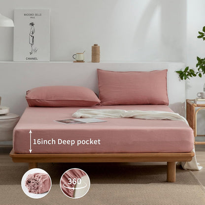 Linen Queen Sheets Set, 100% Stonewashed French Linen Bed Sheets Deep Pocket Sheets, 4 Pieces (1 Flat Sheet, 1 Fitted Sheet, 2 Pillowcases) Natural Flax Bedding Set,Pink