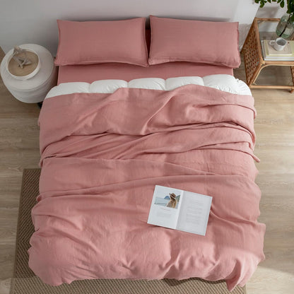 Linen Queen Sheets Set, 100% Stonewashed French Linen Bed Sheets Deep Pocket Sheets, 4 Pieces (1 Flat Sheet, 1 Fitted Sheet, 2 Pillowcases) Natural Flax Bedding Set,Pink