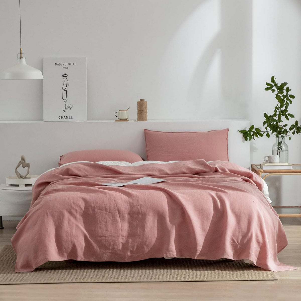 Linen Queen Sheets Set, 100% Stonewashed French Linen Bed Sheets Deep Pocket Sheets, 4 Pieces (1 Flat Sheet, 1 Fitted Sheet, 2 Pillowcases) Natural Flax Bedding Set,Pink