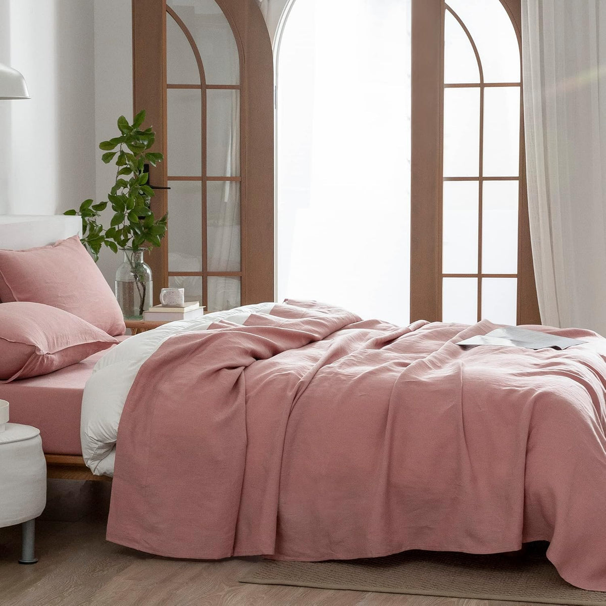 Linen Queen Sheets Set, 100% Stonewashed French Linen Bed Sheets Deep Pocket Sheets, 4 Pieces (1 Flat Sheet, 1 Fitted Sheet, 2 Pillowcases) Natural Flax Bedding Set,Pink