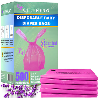 Baby Disposable Diaper Sacks (500 ct.) Lavender Scented, Easy-To-Tie Tabs, Diaper Disposal Pet Waste Bags Bulk Diaper Sacks Dog Poop Bags Cat Waste Bags Sanitary Pads Disposal (500 Bags, Pink)