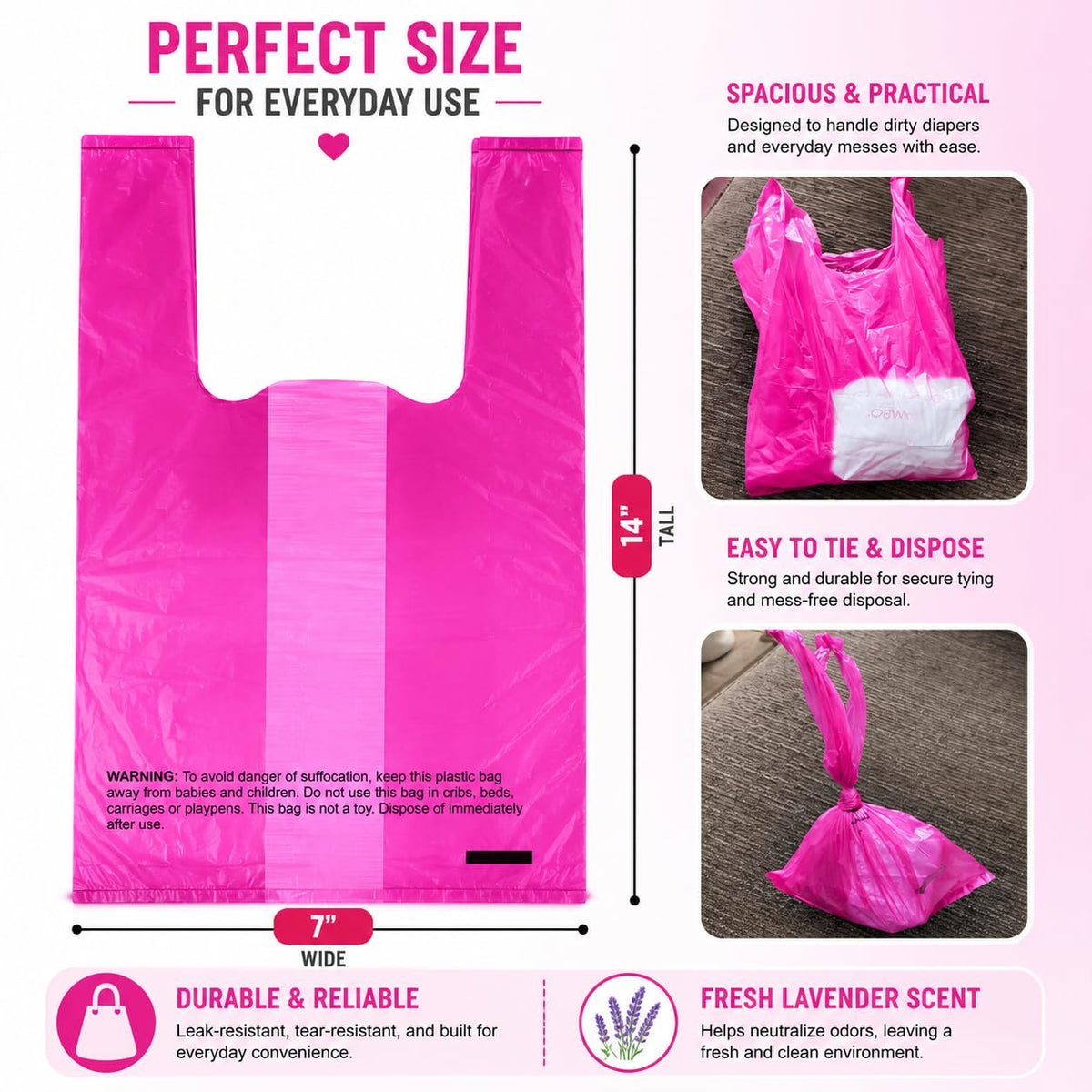 Baby Disposable Diaper Sacks (500 ct.) Lavender Scented, Easy-To-Tie Tabs, Diaper Disposal Pet Waste Bags Bulk Diaper Sacks Dog Poop Bags Cat Waste Bags Sanitary Pads Disposal (500 Bags, Pink)