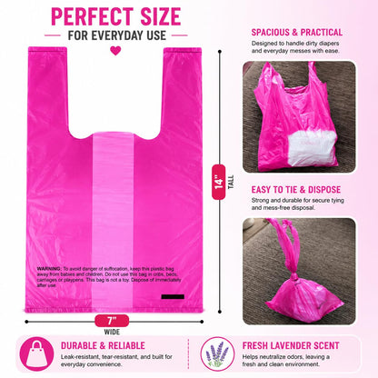 Baby Disposable Diaper Sacks (500 ct.) Lavender Scented, Easy-To-Tie Tabs, Diaper Disposal Pet Waste Bags Bulk Diaper Sacks Dog Poop Bags Cat Waste Bags Sanitary Pads Disposal (500 Bags, Pink)
