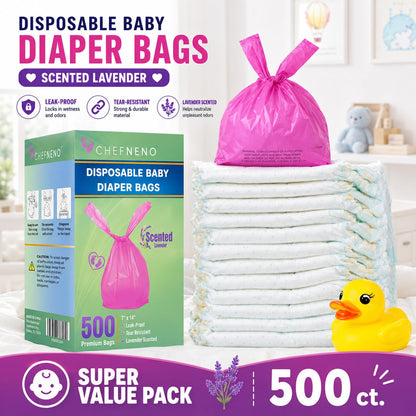 Baby Disposable Diaper Sacks (500 ct.) Lavender Scented, Easy-To-Tie Tabs, Diaper Disposal Pet Waste Bags Bulk Diaper Sacks Dog Poop Bags Cat Waste Bags Sanitary Pads Disposal (500 Bags, Pink)