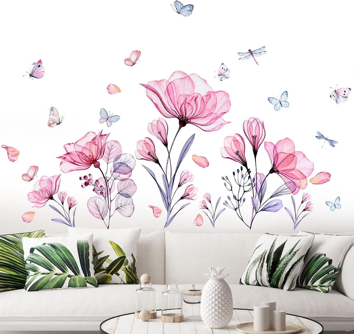 Pink Flowers Wall Decals Removable Butterflies Floral Flowerl Wall Stickers DIY Vinyl Self Adhesive Wall Mural for Nursery TV Background Kids Gilrs Rooms Bedroom Decoration