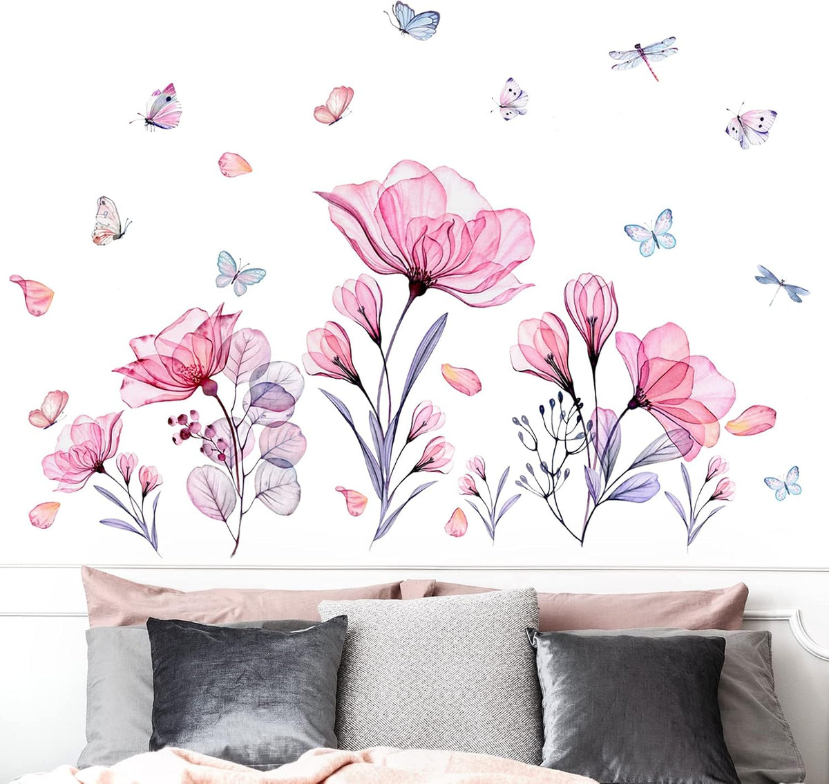 Pink Flowers Wall Decals Removable Butterflies Floral Flowerl Wall Stickers DIY Vinyl Self Adhesive Wall Mural for Nursery TV Background Kids Gilrs Rooms Bedroom Decoration