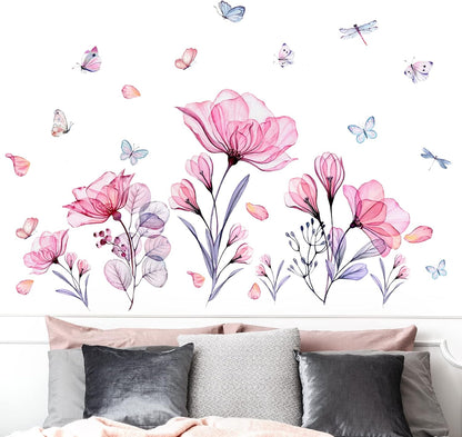 Pink Flowers Wall Decals Removable Butterflies Floral Flowerl Wall Stickers DIY Vinyl Self Adhesive Wall Mural for Nursery TV Background Kids Gilrs Rooms Bedroom Decoration