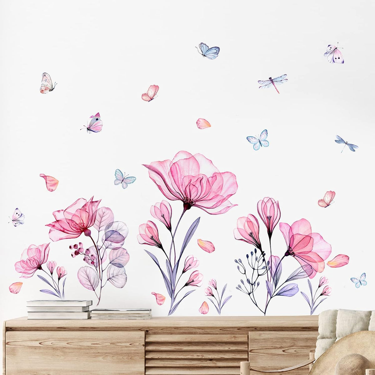 Pink Flowers Wall Decals Removable Butterflies Floral Flowerl Wall Stickers DIY Vinyl Self Adhesive Wall Mural for Nursery TV Background Kids Gilrs Rooms Bedroom Decoration