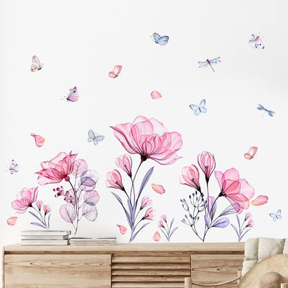 Pink Flowers Wall Decals Removable Butterflies Floral Flowerl Wall Stickers DIY Vinyl Self Adhesive Wall Mural for Nursery TV Background Kids Gilrs Rooms Bedroom Decoration
