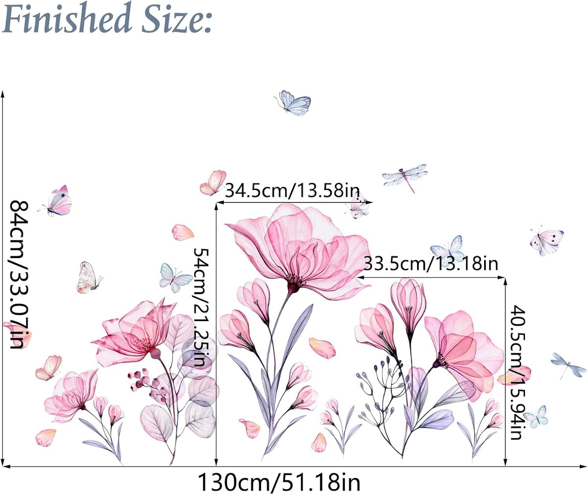 Pink Flowers Wall Decals Removable Butterflies Floral Flowerl Wall Stickers DIY Vinyl Self Adhesive Wall Mural for Nursery TV Background Kids Gilrs Rooms Bedroom Decoration