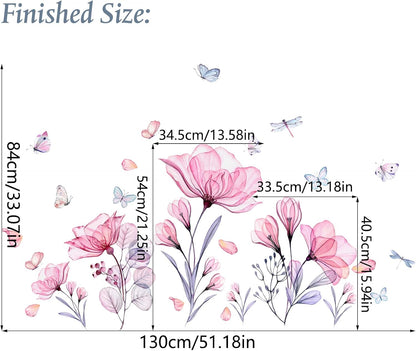 Pink Flowers Wall Decals Removable Butterflies Floral Flowerl Wall Stickers DIY Vinyl Self Adhesive Wall Mural for Nursery TV Background Kids Gilrs Rooms Bedroom Decoration