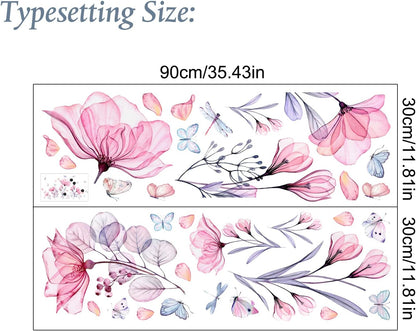 Pink Flowers Wall Decals Removable Butterflies Floral Flowerl Wall Stickers DIY Vinyl Self Adhesive Wall Mural for Nursery TV Background Kids Gilrs Rooms Bedroom Decoration