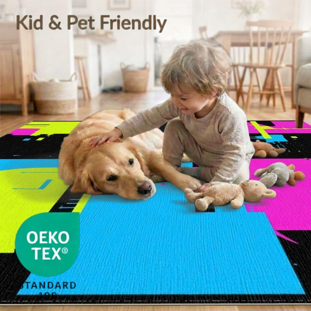 4'x6' Washable Modern Abstract Accent Rug, Yellow Non-Shedding Small Carpet Pet Friendly & Non-Slip for Playroom, Bedroom, Reading Nook | Ref:2092723