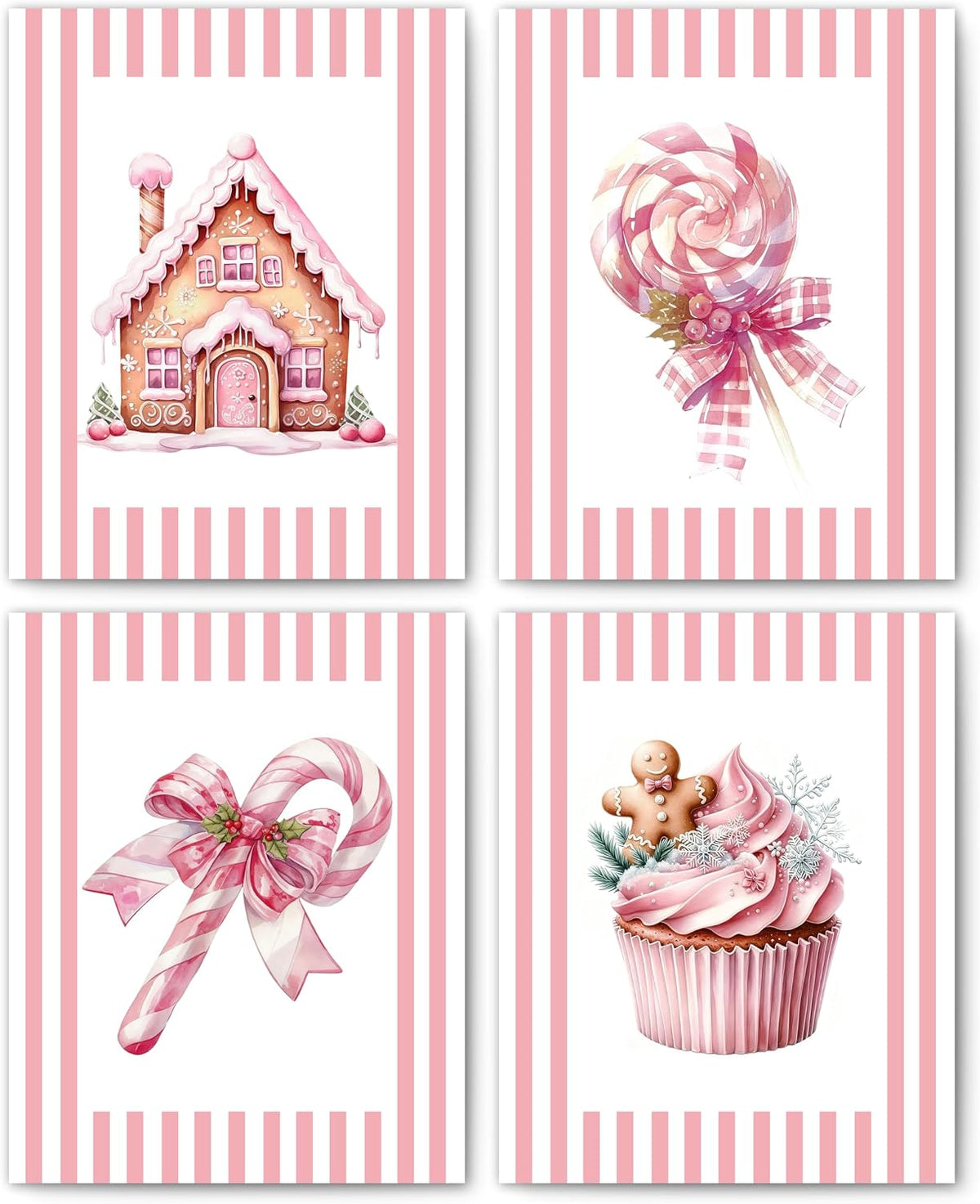 Pink Christmas Kitchen Wall Art Posters Set of 4, Girly Pastel Christmas Pink Holiday Gingerbread House Candy Cane Cupcake Canvas Prints Artwork Wall Decor for Girls Bedroom Dorm, 8x10 Unframed