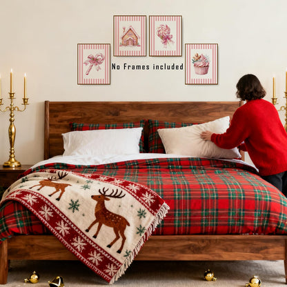 Pink Christmas Kitchen Wall Art Posters Set of 4, Girly Pastel Christmas Pink Holiday Gingerbread House Candy Cane Cupcake Canvas Prints Artwork Wall Decor for Girls Bedroom Dorm, 8x10 Unframed