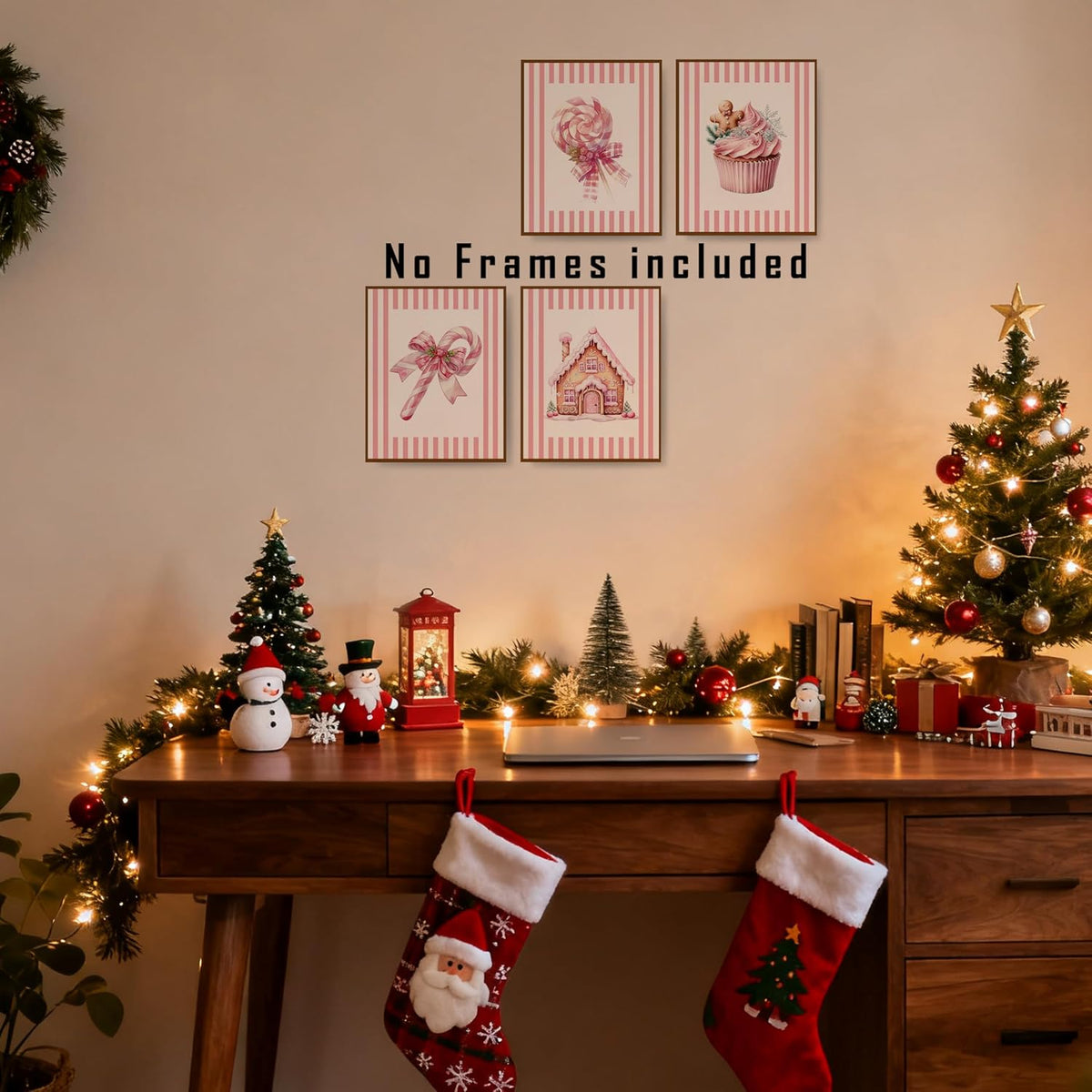 Pink Christmas Kitchen Wall Art Posters Set of 4, Girly Pastel Christmas Pink Holiday Gingerbread House Candy Cane Cupcake Canvas Prints Artwork Wall Decor for Girls Bedroom Dorm, 8x10 Unframed