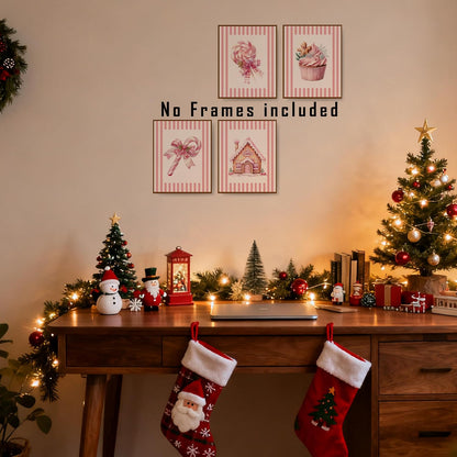 Pink Christmas Kitchen Wall Art Posters Set of 4, Girly Pastel Christmas Pink Holiday Gingerbread House Candy Cane Cupcake Canvas Prints Artwork Wall Decor for Girls Bedroom Dorm, 8x10 Unframed