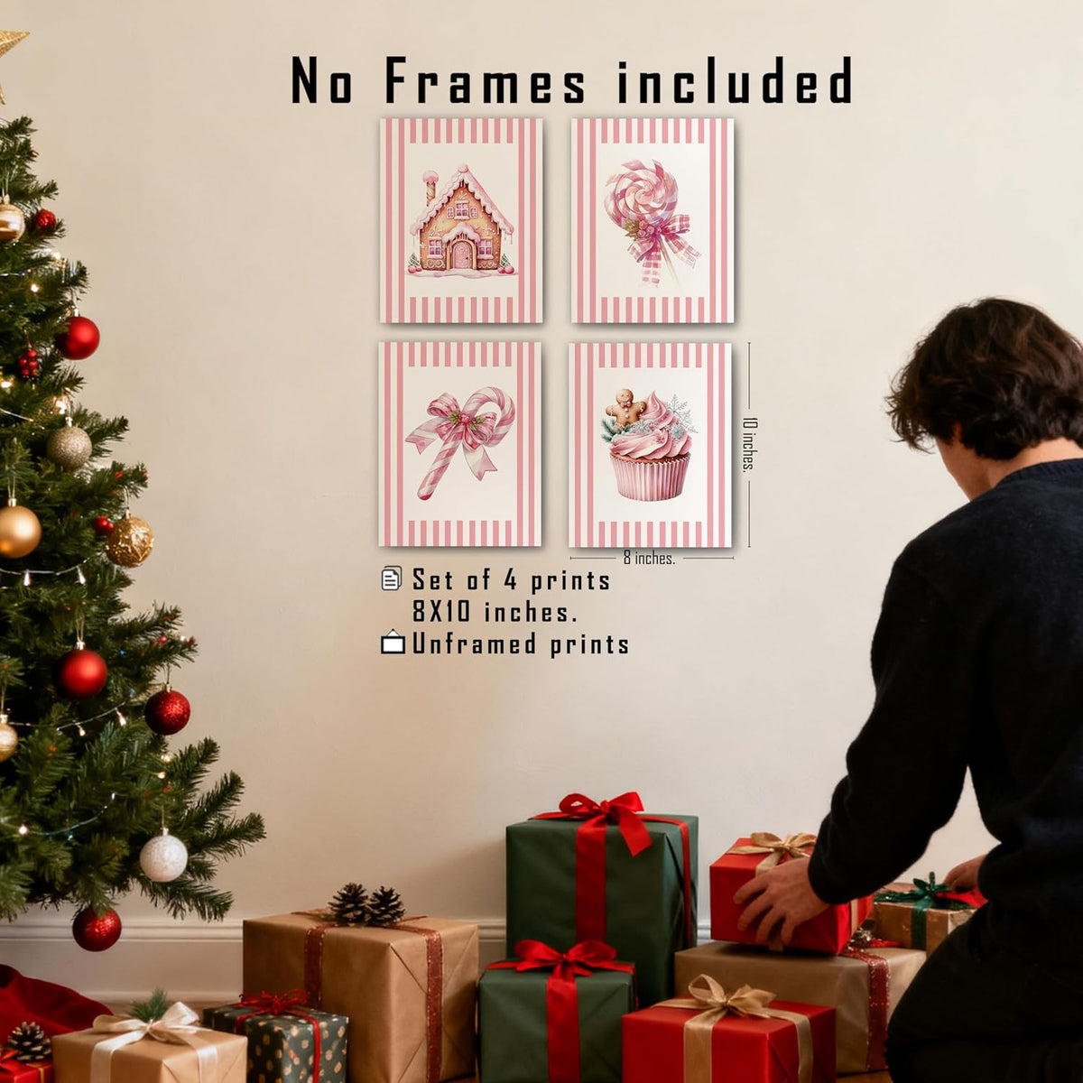 Pink Christmas Kitchen Wall Art Posters Set of 4, Girly Pastel Christmas Pink Holiday Gingerbread House Candy Cane Cupcake Canvas Prints Artwork Wall Decor for Girls Bedroom Dorm, 8x10 Unframed