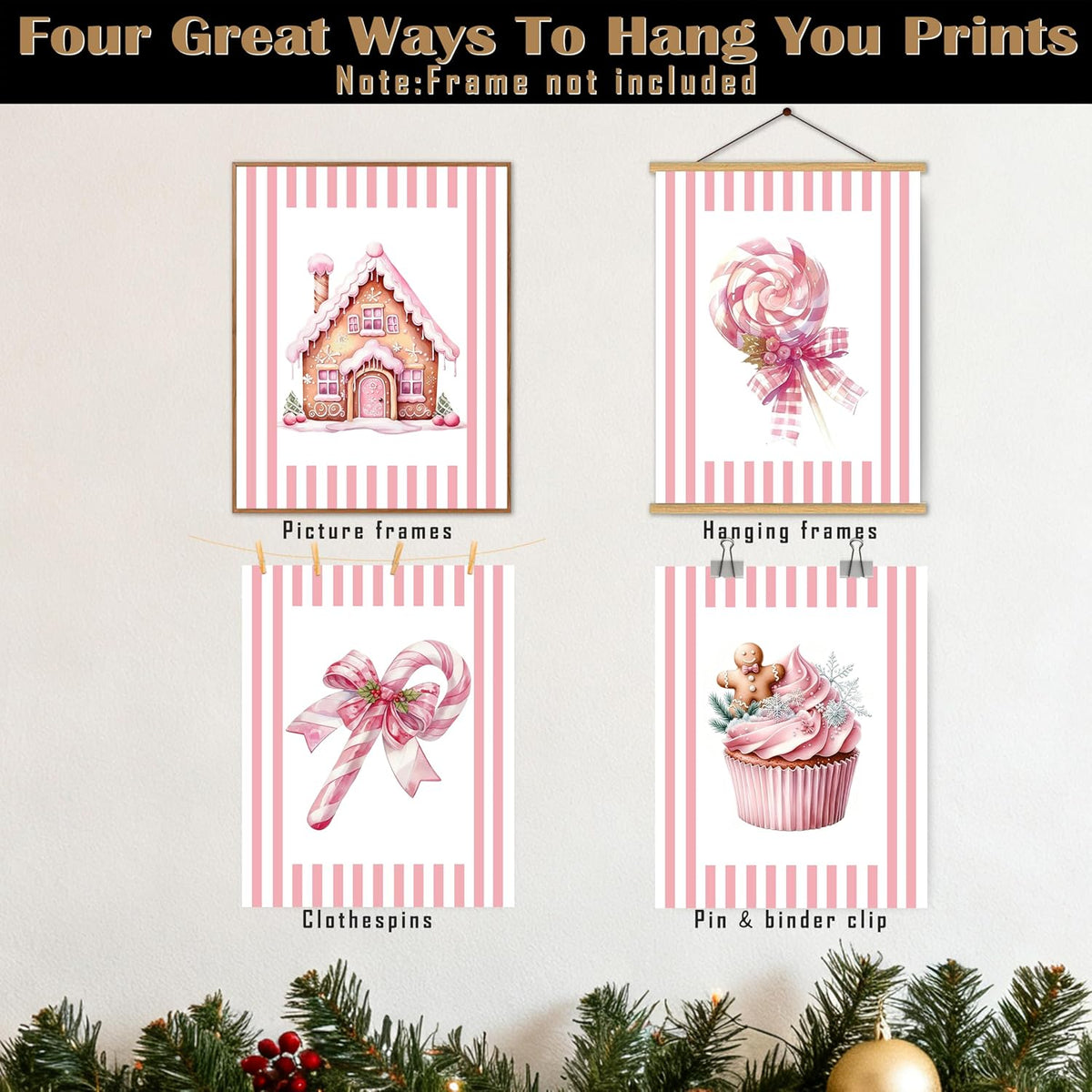 Pink Christmas Kitchen Wall Art Posters Set of 4, Girly Pastel Christmas Pink Holiday Gingerbread House Candy Cane Cupcake Canvas Prints Artwork Wall Decor for Girls Bedroom Dorm, 8x10 Unframed