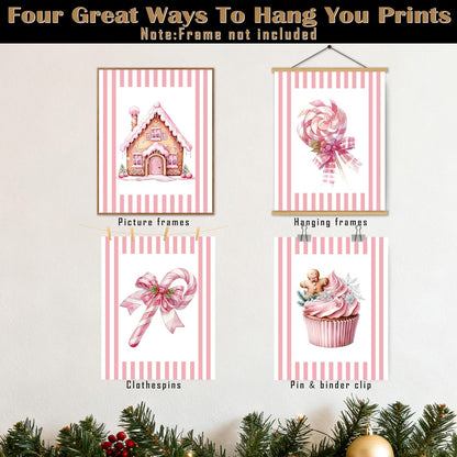 Pink Christmas Kitchen Wall Art Posters Set of 4, Girly Pastel Christmas Pink Holiday Gingerbread House Candy Cane Cupcake Canvas Prints Artwork Wall Decor for Girls Bedroom Dorm, 8x10 Unframed