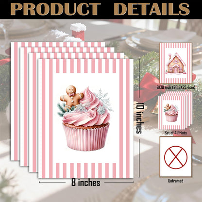Pink Christmas Kitchen Wall Art Posters Set of 4, Girly Pastel Christmas Pink Holiday Gingerbread House Candy Cane Cupcake Canvas Prints Artwork Wall Decor for Girls Bedroom Dorm, 8x10 Unframed