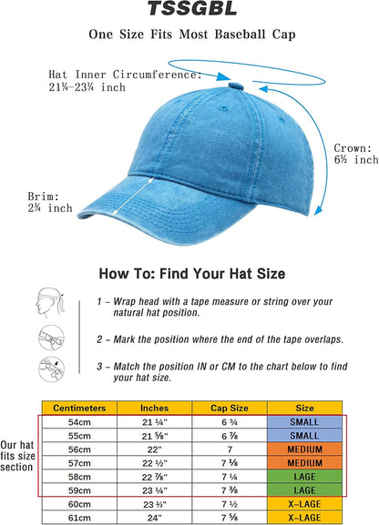 Vintage Cotton Washed Baseball Cap S to XXL Unstructured Low Profile Adjustable Distressed Dad Hat for Men Women