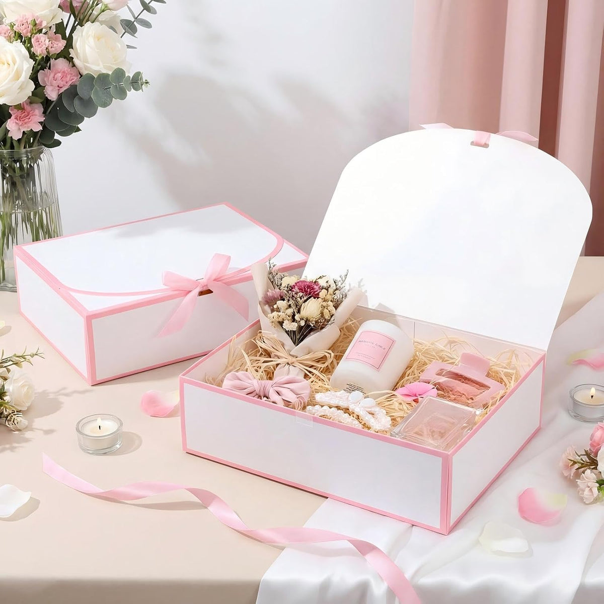 12 Pcs Bridesmaid Proposal Box with Lid Ribbon,White,Pink