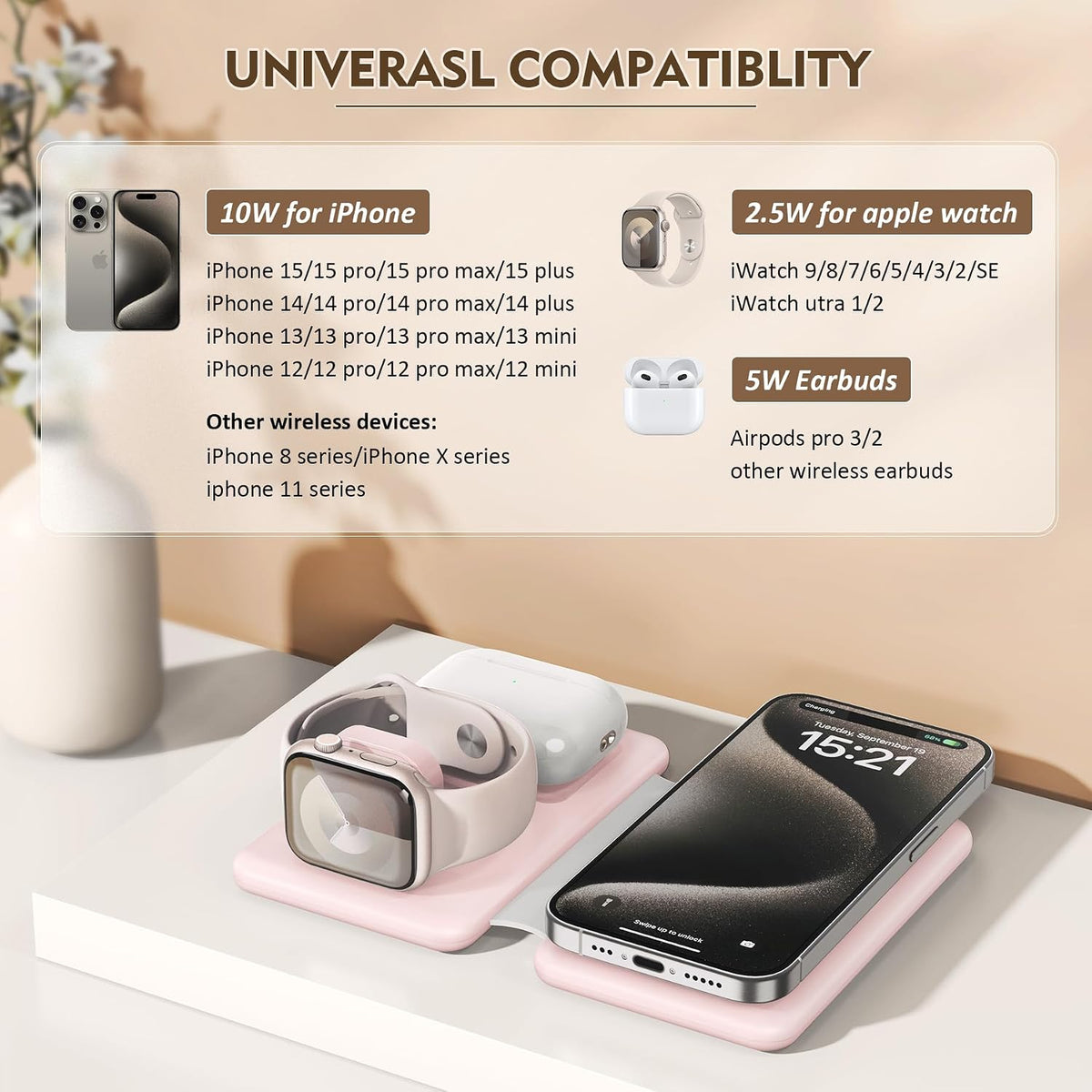 3 in 1 Wireless Charging Station for iPhone 17 16 15 14 13 12 Pro Max Plus – Foldable Magnetic Charger Pad for Apple Watch Series & AirPods – Fast Wireless Charging Dock for Travel & Home