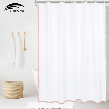 Scalloped Shower Curtain Cotton Pink White for Bathroom Textured 72x84
