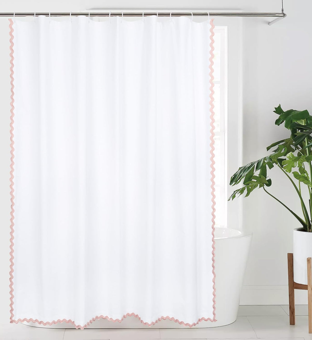 Scalloped Shower Curtain Cotton Pink White for Bathroom Textured 72x84
