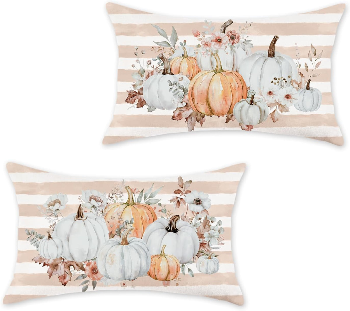 Pumpkins Floral Fall Pillow Covers 12x20 Inch Set of 2 Pink Stripe Autumn Decorative Throw Pillows Farmhouse Seasonal Thanksgiving Cushion Cases for Sofa Couch Home