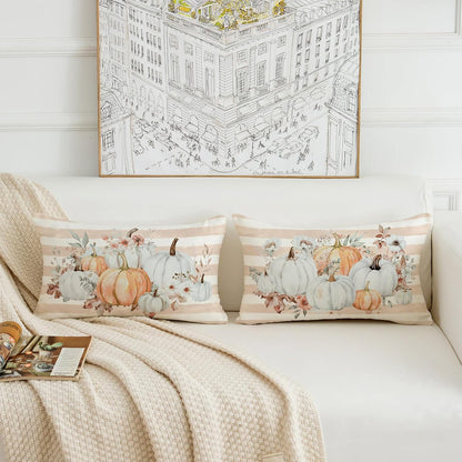 Pumpkins Floral Fall Pillow Covers 12x20 Inch Set of 2 Pink Stripe Autumn Decorative Throw Pillows Farmhouse Seasonal Thanksgiving Cushion Cases for Sofa Couch Home