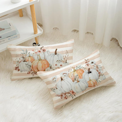 Pumpkins Floral Fall Pillow Covers 12x20 Inch Set of 2 Pink Stripe Autumn Decorative Throw Pillows Farmhouse Seasonal Thanksgiving Cushion Cases for Sofa Couch Home
