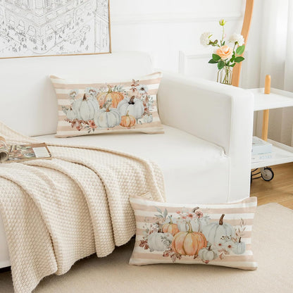 Pumpkins Floral Fall Pillow Covers 12x20 Inch Set of 2 Pink Stripe Autumn Decorative Throw Pillows Farmhouse Seasonal Thanksgiving Cushion Cases for Sofa Couch Home