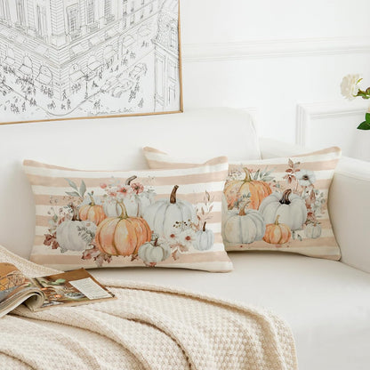 Pumpkins Floral Fall Pillow Covers 12x20 Inch Set of 2 Pink Stripe Autumn Decorative Throw Pillows Farmhouse Seasonal Thanksgiving Cushion Cases for Sofa Couch Home
