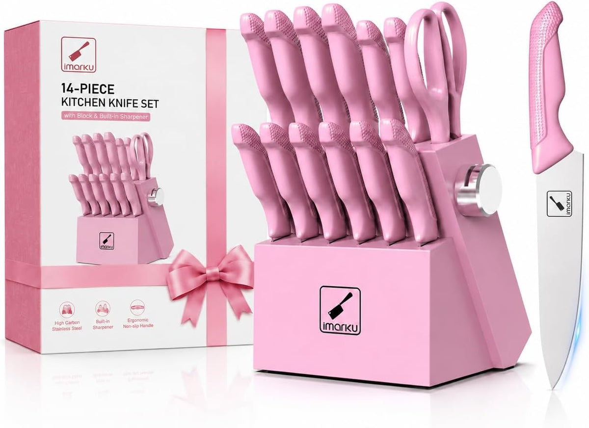 14-Piece Kitchen Knife Set, High-Carbon Stainless Steel,Pink